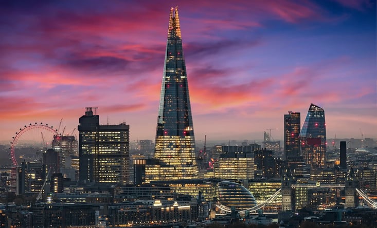 Night-sky shot of London.